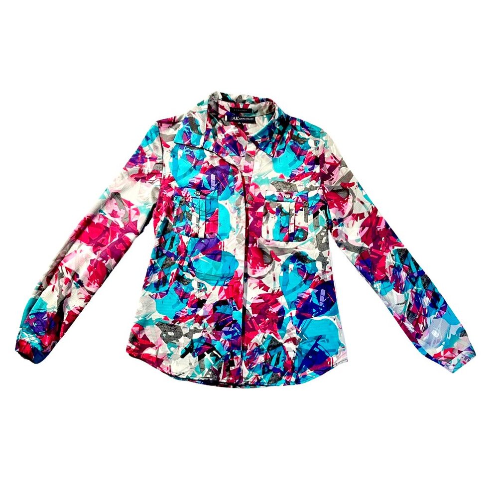 Anne Klein Abstract Button Down Colorful Vintage Inspired Top Size 2